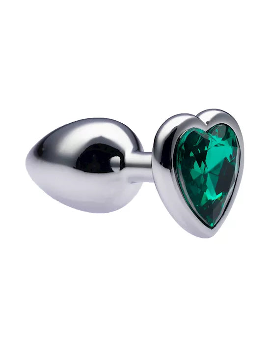 Kink Range Alloy Love Heart Gemmed Butt Plug - 2.7 Inch - Green Gem