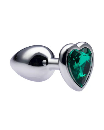 Kink Range Alloy Love Heart Gemmed Butt Plug - 2.7 Inch - Green Gem