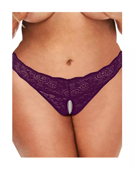 Secret Kisses Lace and Pearls Crotchless Thong