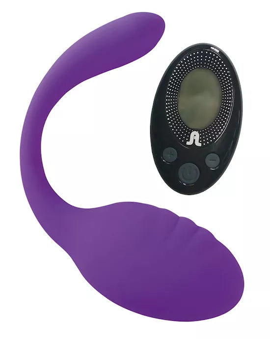 Purple silicone wand and black remote control on a white background